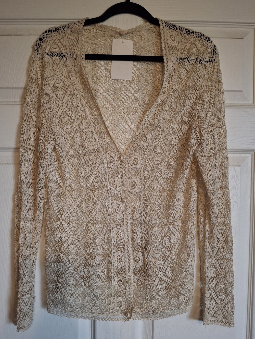 Lightweight Crochet V-Neck Cardigan Sweater - Cream